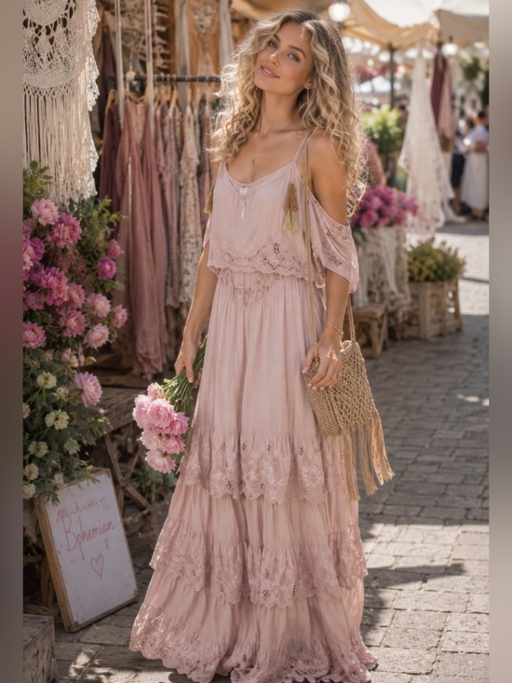 Pink Bohemian Maxi Dress with Tassels NWT Size S/M